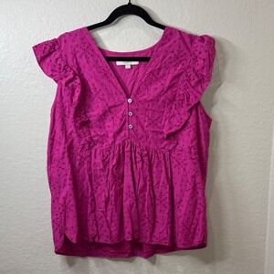 Loft Magenta Pink Eyelet Flutter Sleeve Peplum Blouse XL 100% Cotton Cottagecore